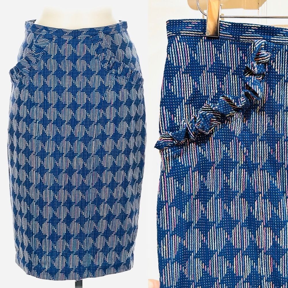 Anthropologie Eva Franco Blue Tweed Ruffle Pencil Skirt Preppy Retro Size 10